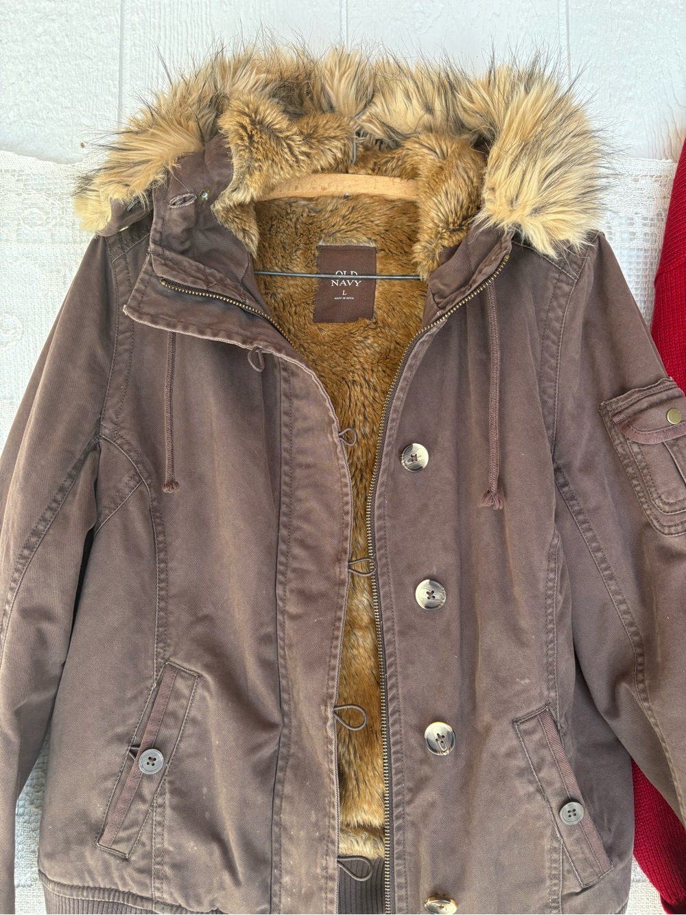 Y2K Brown Faux-Fur Lined Hooded Jacket Old Navy Large fits smaller - Picture 2 of 16